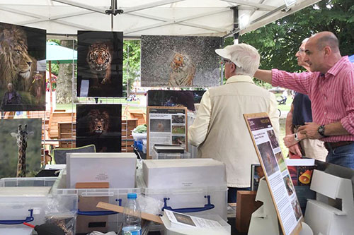 people engaging with Ashley Vincent at his picture display stand at a weekend event in Marlow