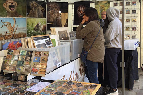 people engaging with Ashley Vincent at his picture display stand at the Cirencester Autumn Festival